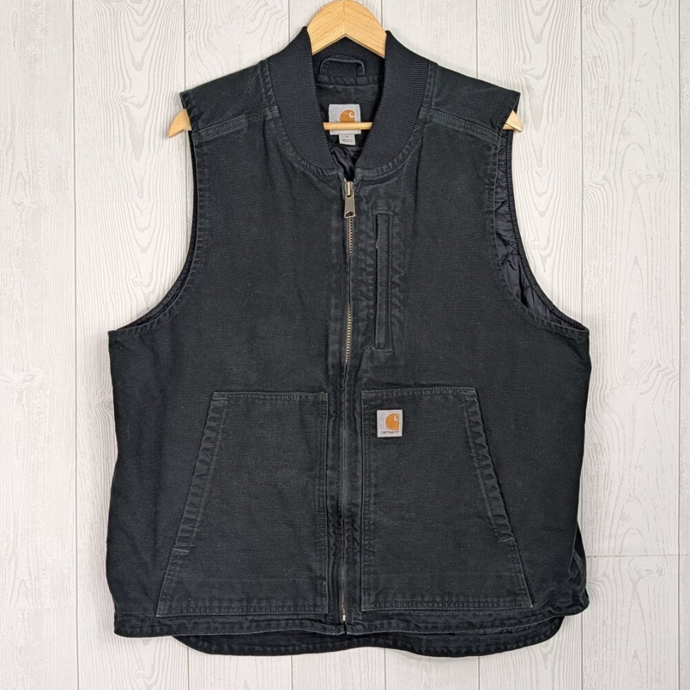 Carhartt Insulated Black Vest Men's Size L Zipper Front With 3 Pockets